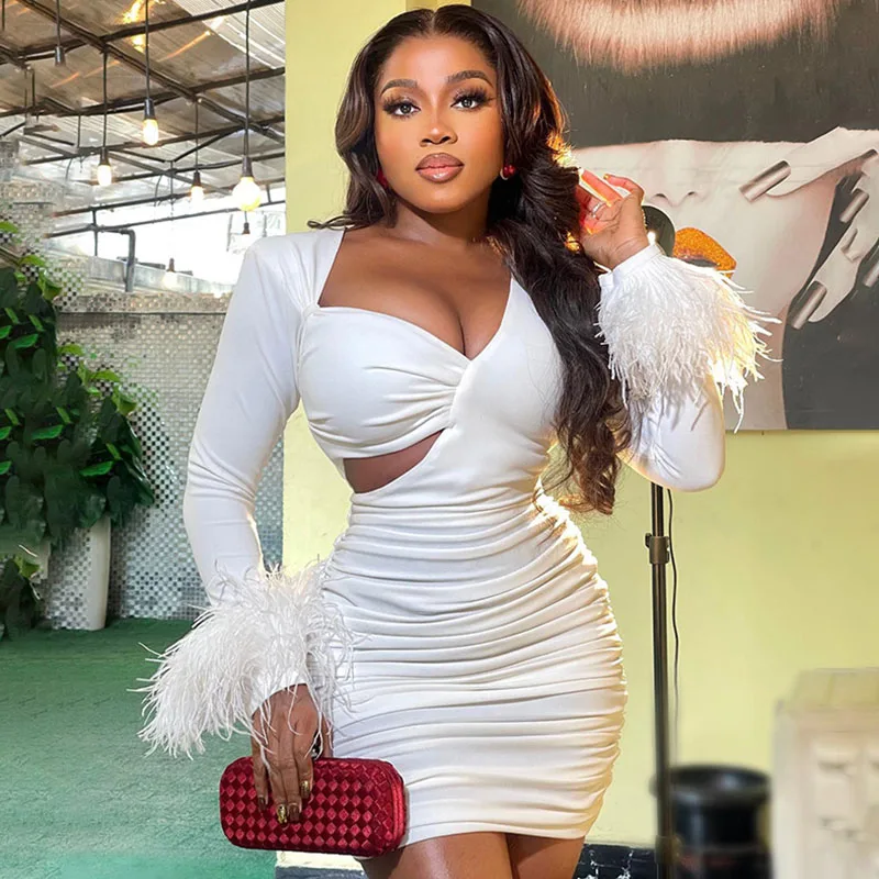 

Feathers Long Sleeve Bodycon Bandage Dresses for Women 2022 Elegance Ruched Party Club Mini Dress Cut Out Slim Birthday Dress