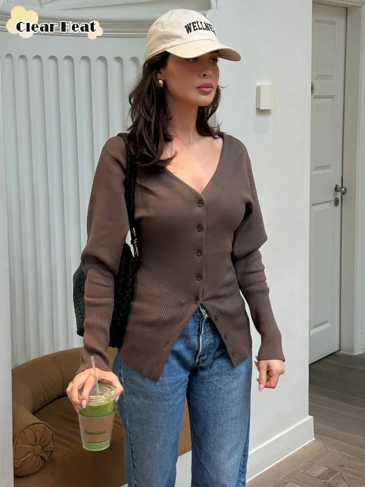 Элегантный однобортный женский облегающий однотонный кардиган модный вязаный
