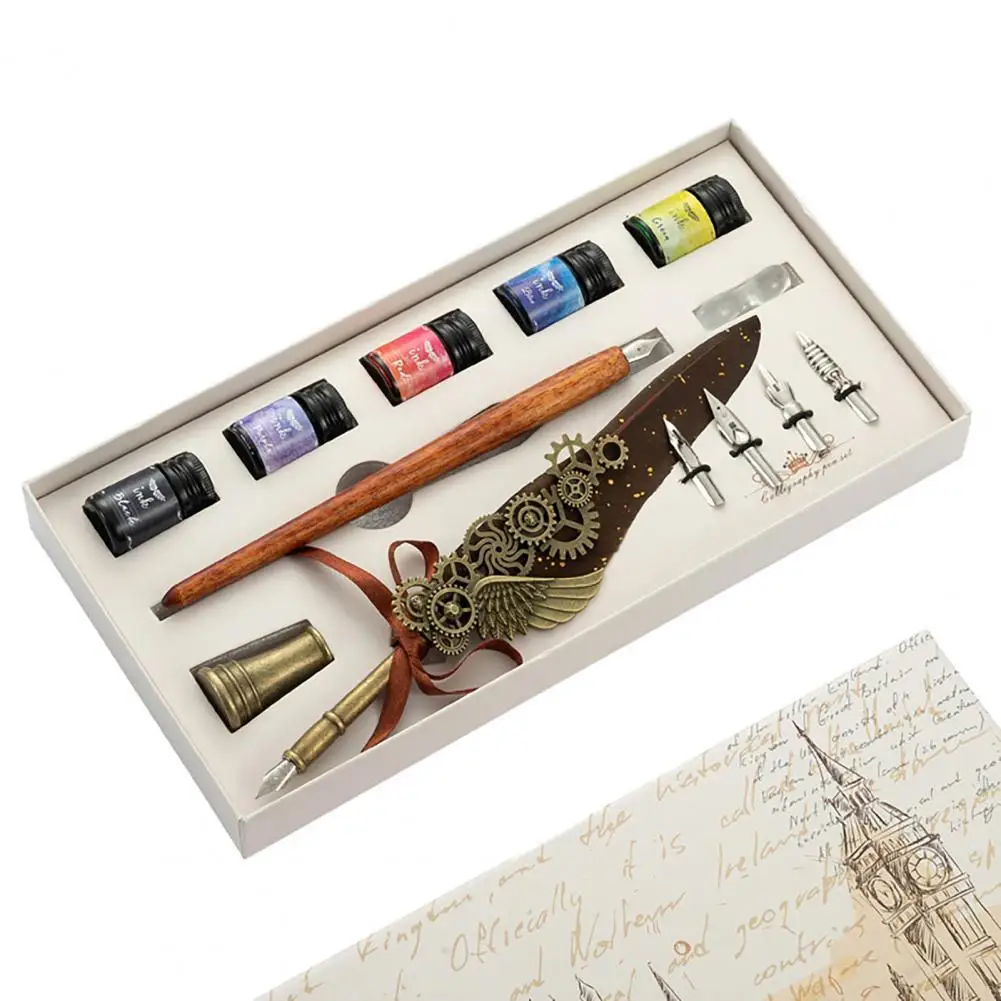 

1 Set Gear Decoration Quill Pen Set Nice-looking Wood Glittering Signature Quill Pen Ink Set for holiday gift