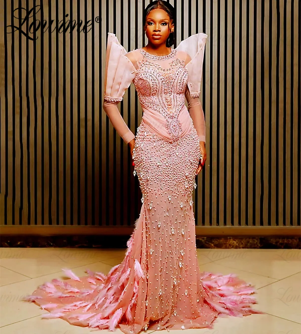 

Pink Mermaid Long African Prom Dresses Feathers Full Beading Pearl Plus Size Evening Dress Crystals Wedding Party Gowns Dresses