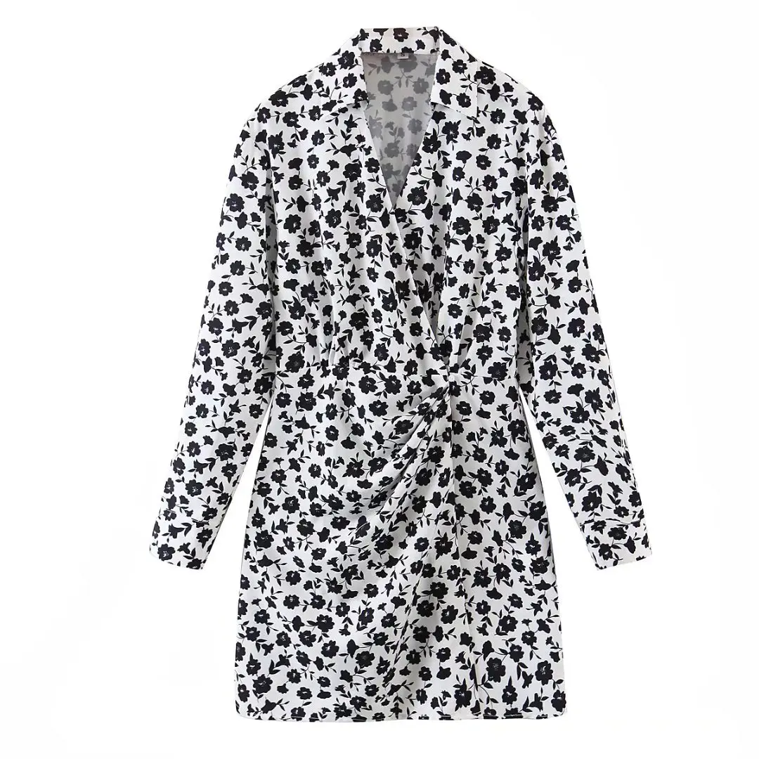 

A.D.EAST-New summer dress the European and American wind lapel v-neck floral print collect waist long-sleeved dress skirt