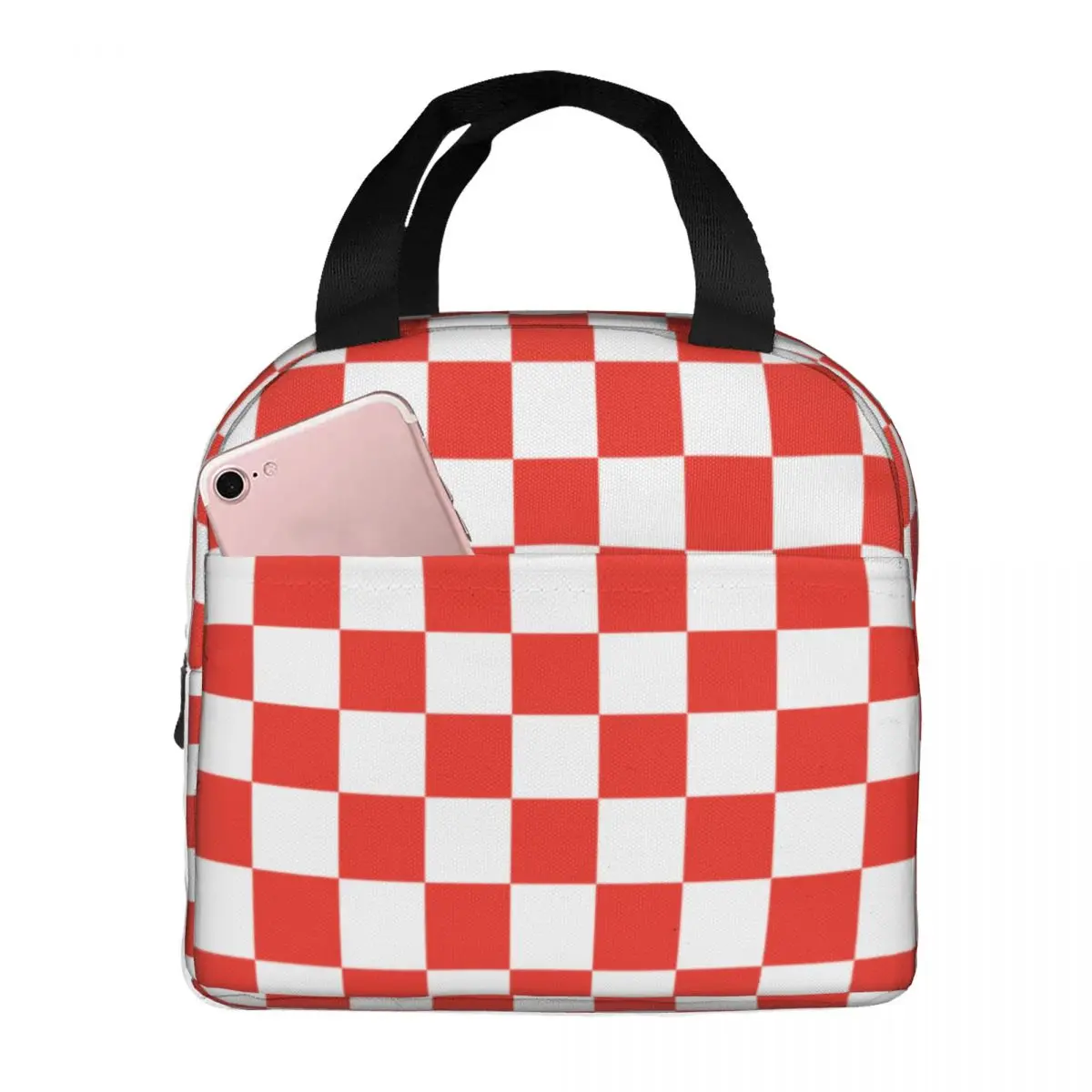 

Red Checkerboard Pattern Lunch Bags Portable Insulated Canvas Cooler Thermal Food Picnic Work Tote for Women Kids
