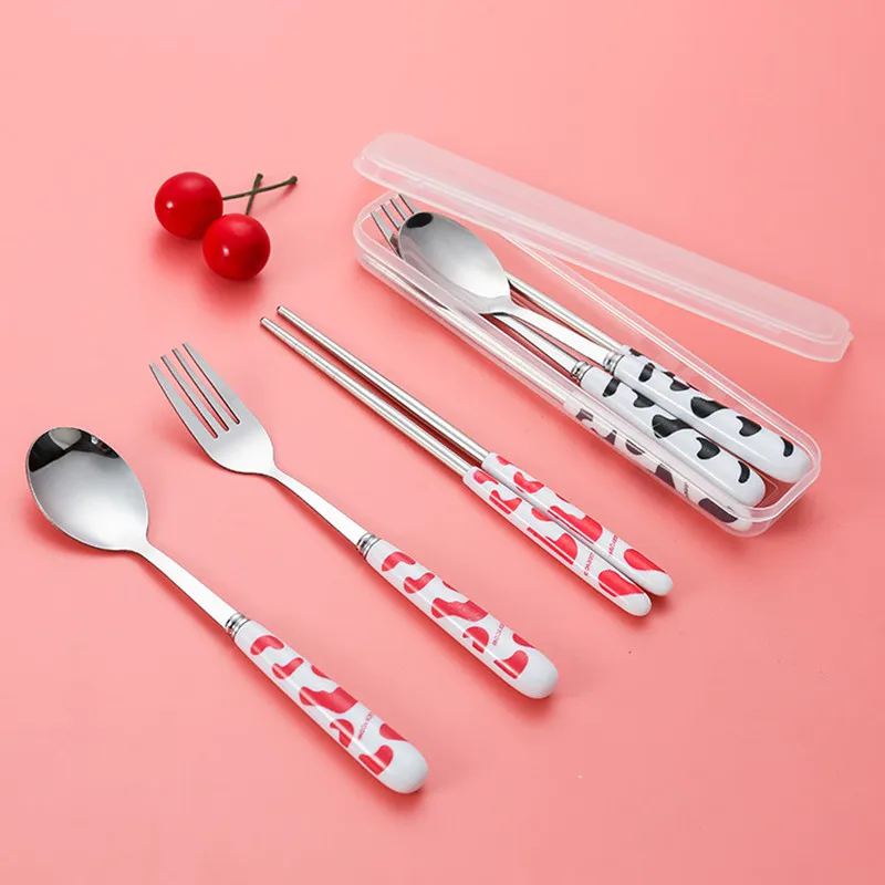 

3PCS Spoon Fork Chopstick Cutlery 401 Stainless Steel Portable Set Dinnerware Kit Creative Tableware With Box Kitchen Accessory