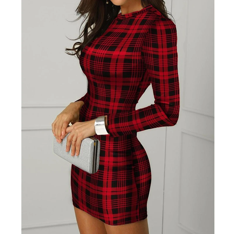 Купи Autumn Dress Women's Fashion Plaid Printed Slim Dress Women's Casual Long Sleeve Round Neck Zipper High Waist Mini Dress за 695 рублей в магазине AliExpress