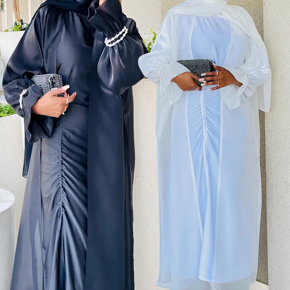 

Summer Small Bell Sleeve Pearl Cardigan Dubai Elegant Flowy Long Skirt Open Abaya Muslim Dresses for Women Free Shipping