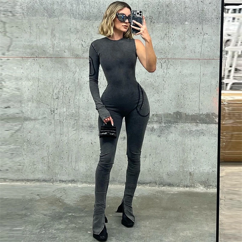 Sexy One Shoulder Long Sleeve Zipper Skinny Overalls Split Flare Pants Y2K Streetwear Women Gray Pockets Jeans Jumpsuit