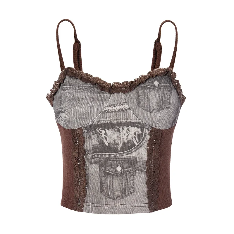 w stylu vintage Ropa Mujer 2024 damski top patchworkowy koronkowe ubrania hitowym kolorze dżinsowe zbiorniki i koszulki na ramiączkach letnie nowe
