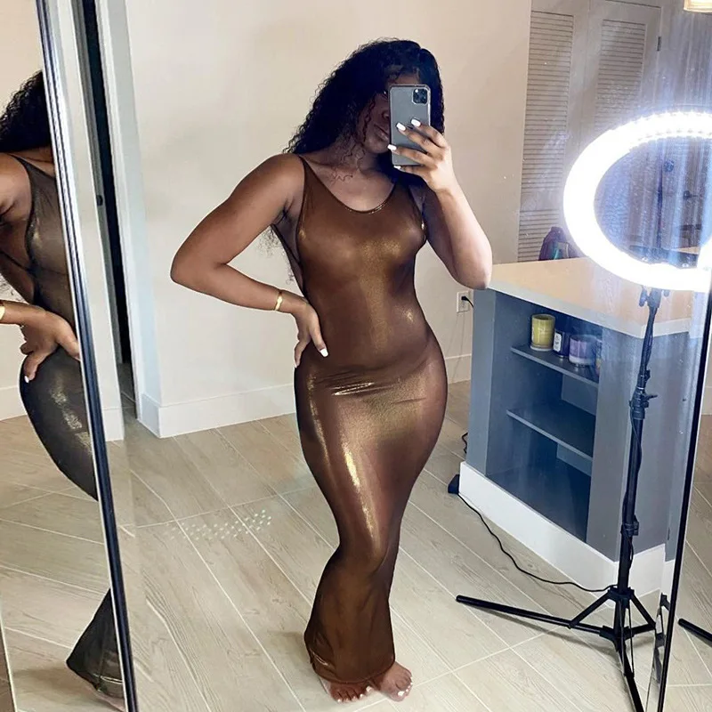

2023 spring new sexy backless suspender illusion color dress temperament women's dress