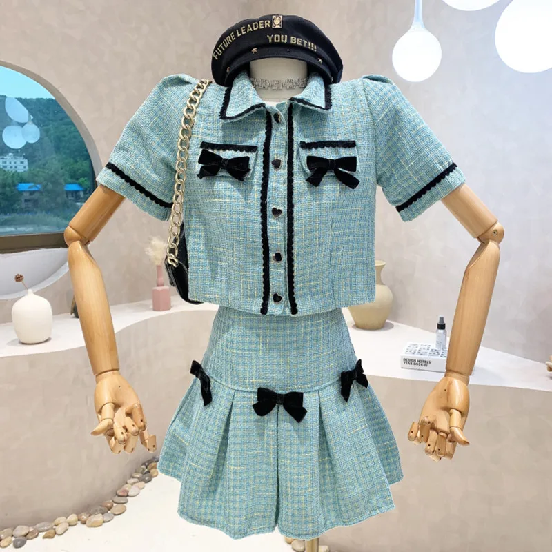 

Женский комплект из двух предметов, твидовый пиджак с коротким рукавом и плиссированная юбка с высокой талией, весна-лето 2022