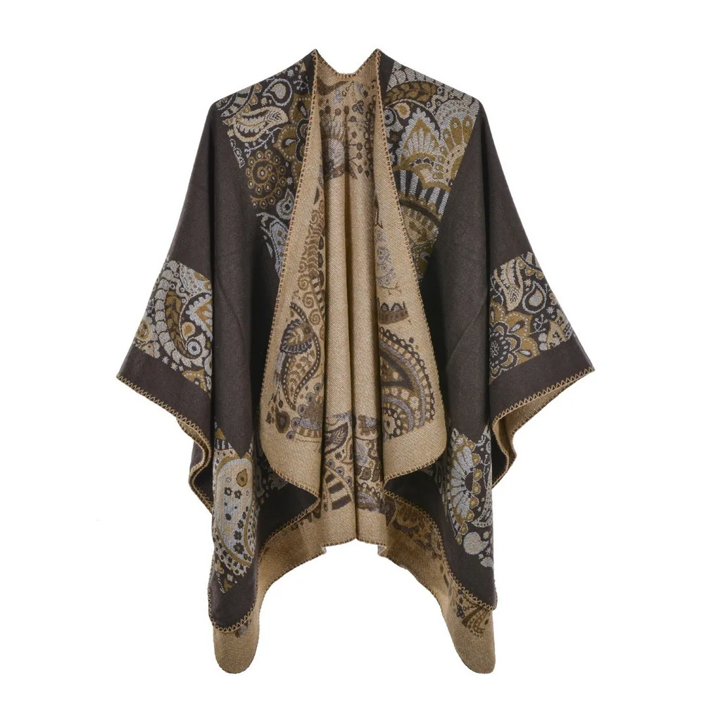 Autumn Winter Printing Double Faced Double sided Split Warm Cape Women Imitation Cashmere  Poncho Lady Capes Khaki Cloaks