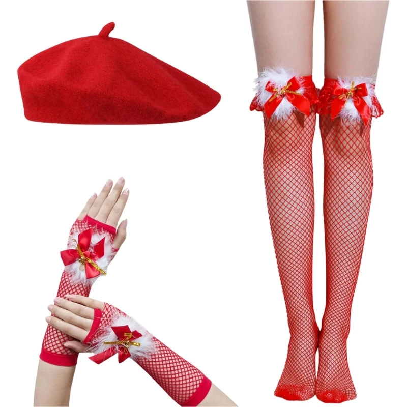 

Рождественский берет для взрослых с сетчатыми чулками и перчатками, традиционный красный косплей, принадлежности Санты для