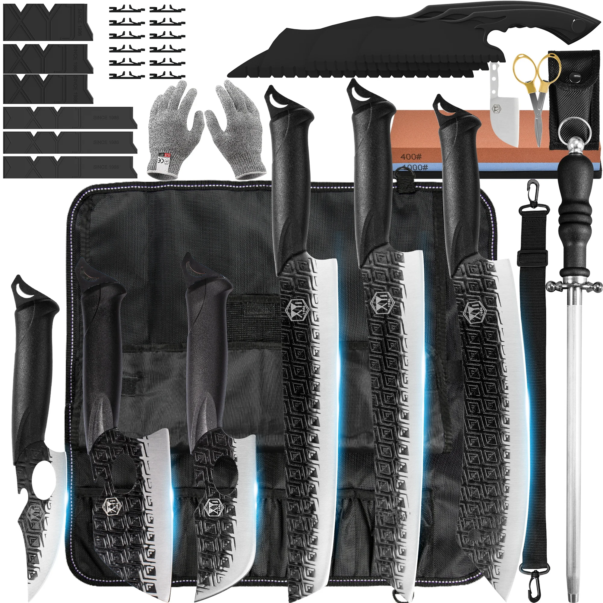 

Набор кухонных ножей XYj из нержавеющей стали, острые лезвия, пластиковая ручка, набор инструментов для шеф-повара, точильный камень, рулон, ножницы, подарочная упаковка