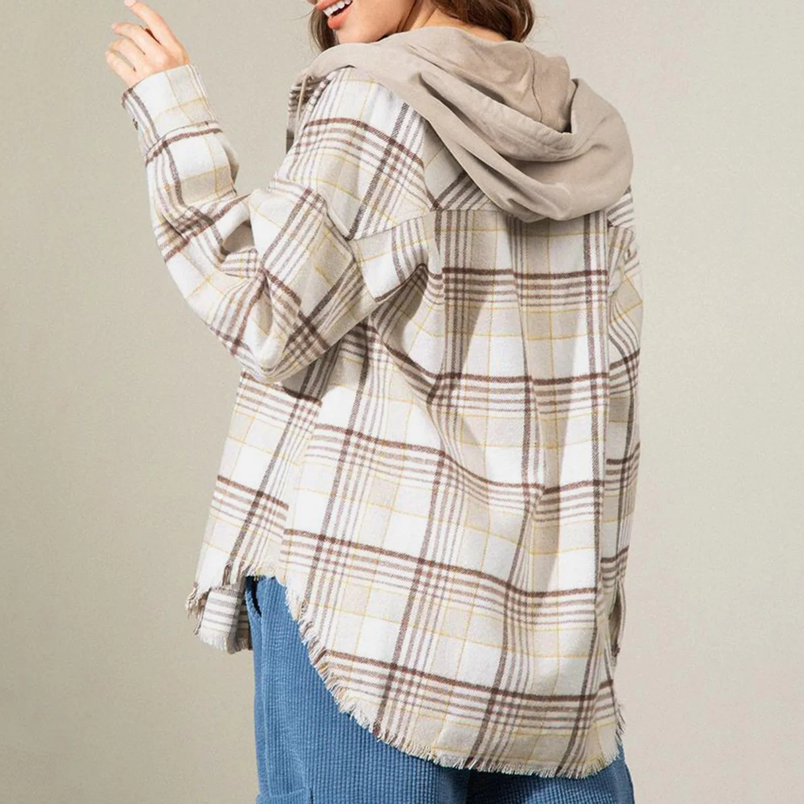 

Women Casual Plaid Print Button Long Sleeve Hooded Sweatshirt Strap Pocket Long Sleeve Layering Tees for Women Oversized Top