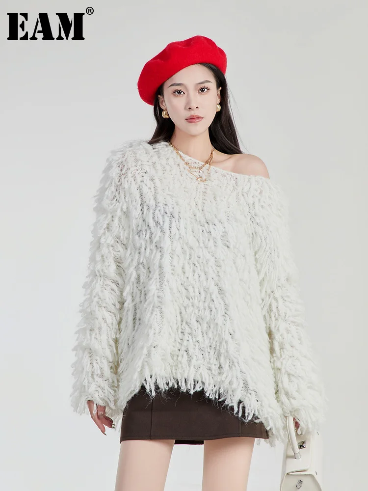 

[EAM] White Tassels Knitting Sweater Loose Fit Slash Neck Long Sleeve Women Pullovers New Fashion Autumn Winter 2023 1DF4138