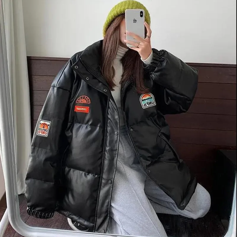YICIYA Bomber Down Jacket Thicken Women Varsity Leather Jacket American Racing Motorcycle Winter Warm Oversize Long Sleeves Coat