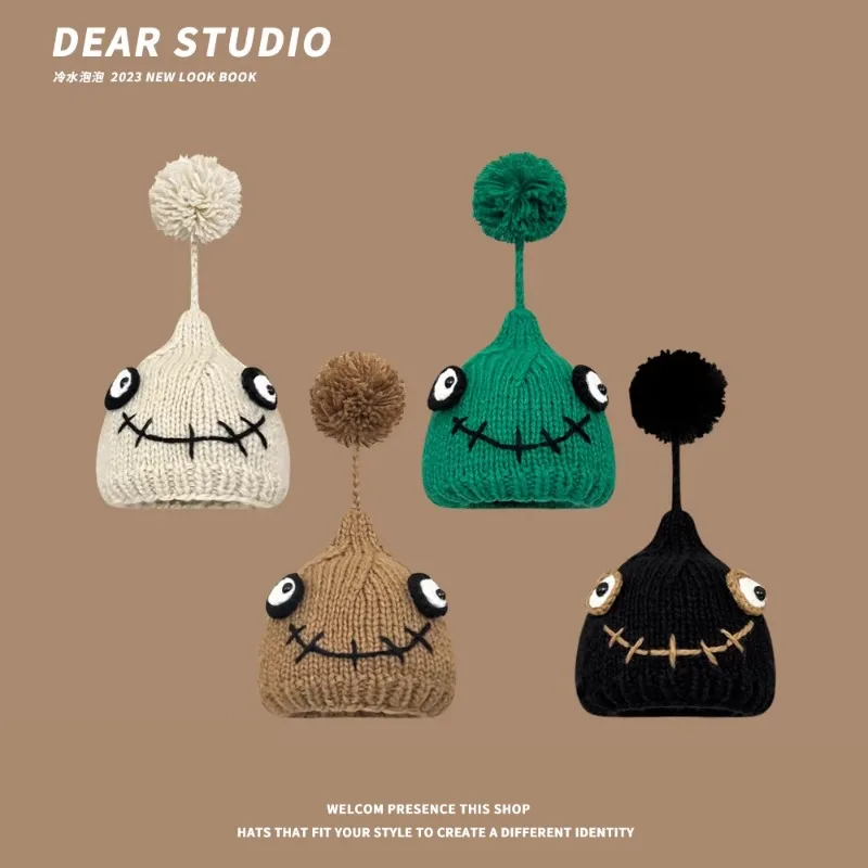 

Korean Cute Funny Pom-pom Beanies for Women and Men Autumn and Winter Outdoor Warm Ear Protection Handmade Knitted Pullover Hat