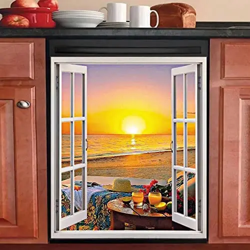 

Beach Dishwasher Magentic Cover, Beautiful Holiday Style Self Adhesive Magnet Refrigerator Decal, Home Appliances Decorative Sti