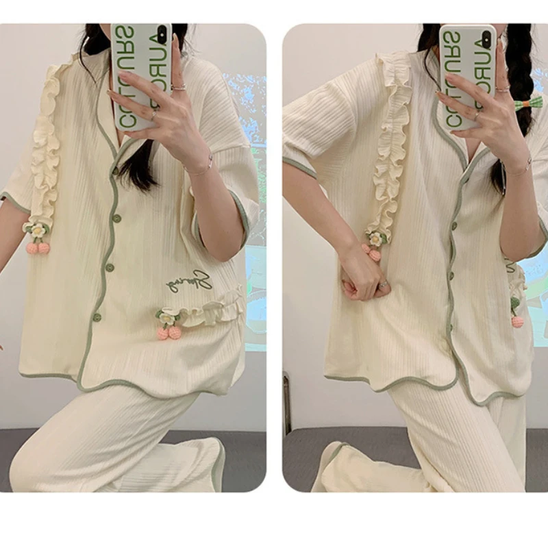 Pajamas  for Women's Summer 2023 New Style Pure Cotton Three-piece Suit Short-sleeved High-end Simple Comfortable Home Service