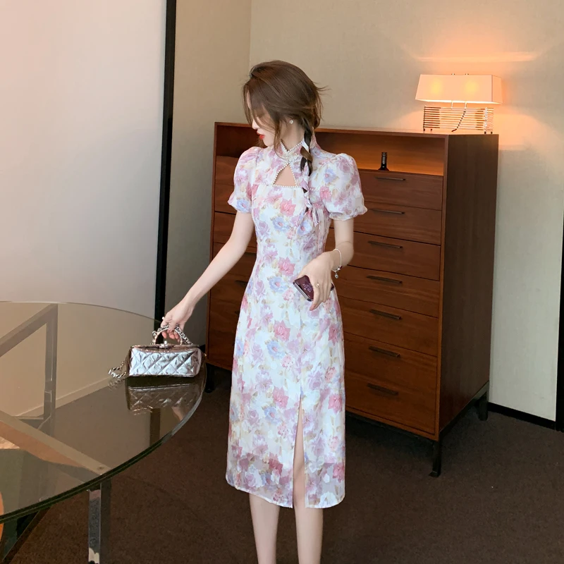 COIGARSAM Women's Summer Dress 2022 New Cheongsam Chiffon Floral Print Pink Dresses Dropshipping