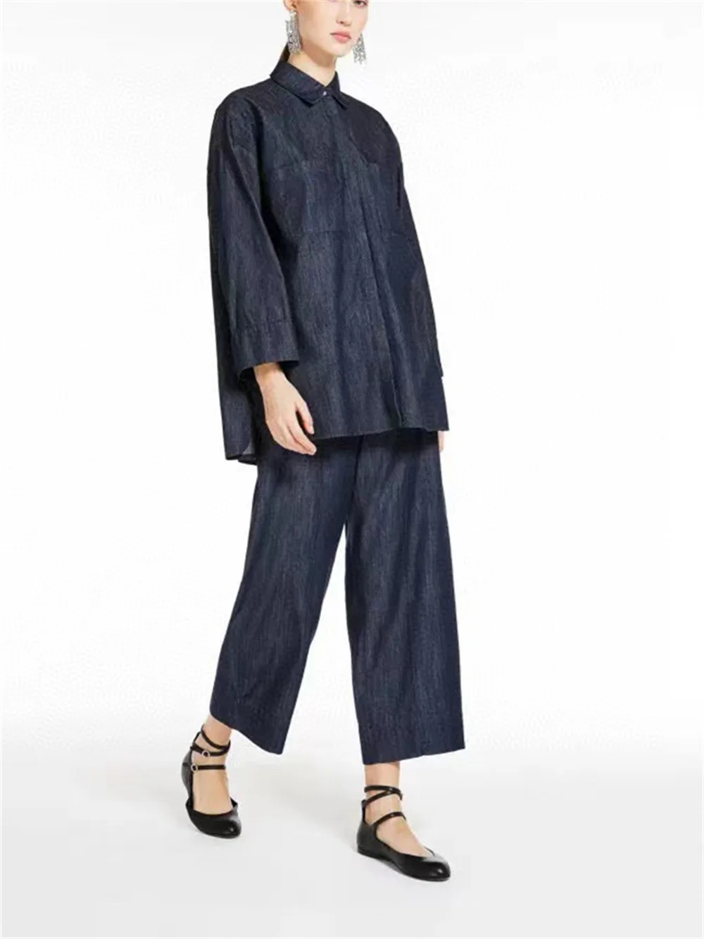 

Женский винтажный однотонный джинсовый костюм, повседневная однобортная блузка с отложным воротником или брюки на шнуровке для ранней осени, 2023