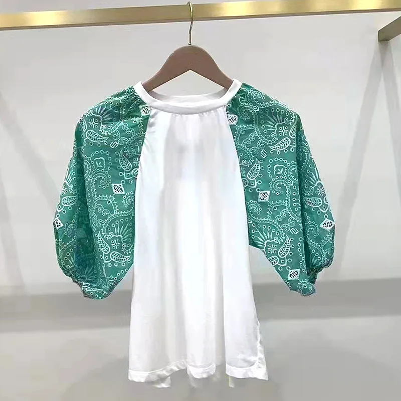 

New Arrival Woman Tshirts Maje Women Summer Tops Hollow-out Embroidery Women Tops Patchwork Casual Tops Women T Shirts Maje