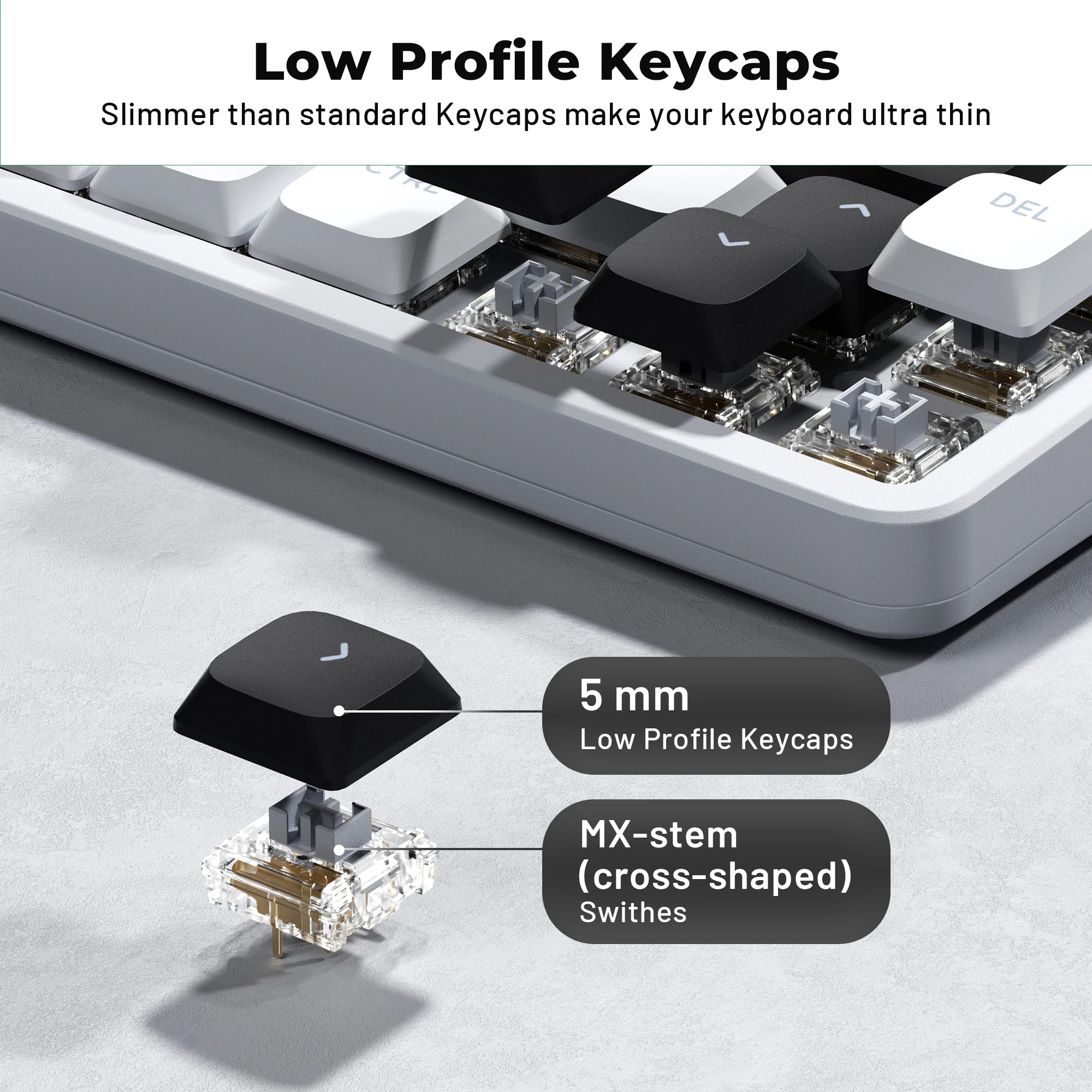 Фото Низкопрофильные колпачки для клавиш XVX BOW Shine Through Skyline R2 Double-Shot PBT, совместимые с ASIN, США/ISO, Великобритания, черный/белый, 127-клавиш №2