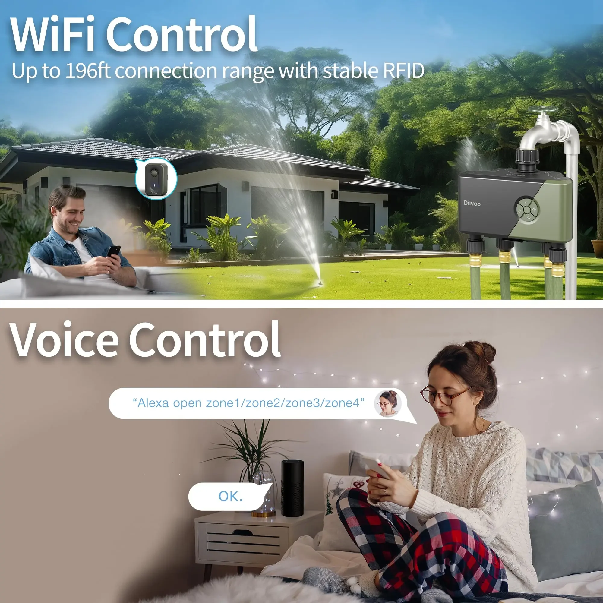 Фото Diivoo садовый таймер воды 4-зонный умный Wi-Fi спринклер автоматический таймер ирригации с задержкой дождя ручной полив для газона и двора №3