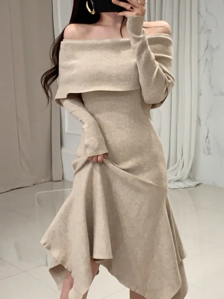 

Korean chic autumn temperament elegant straight neck slim irregular design knitted sweater dress woman