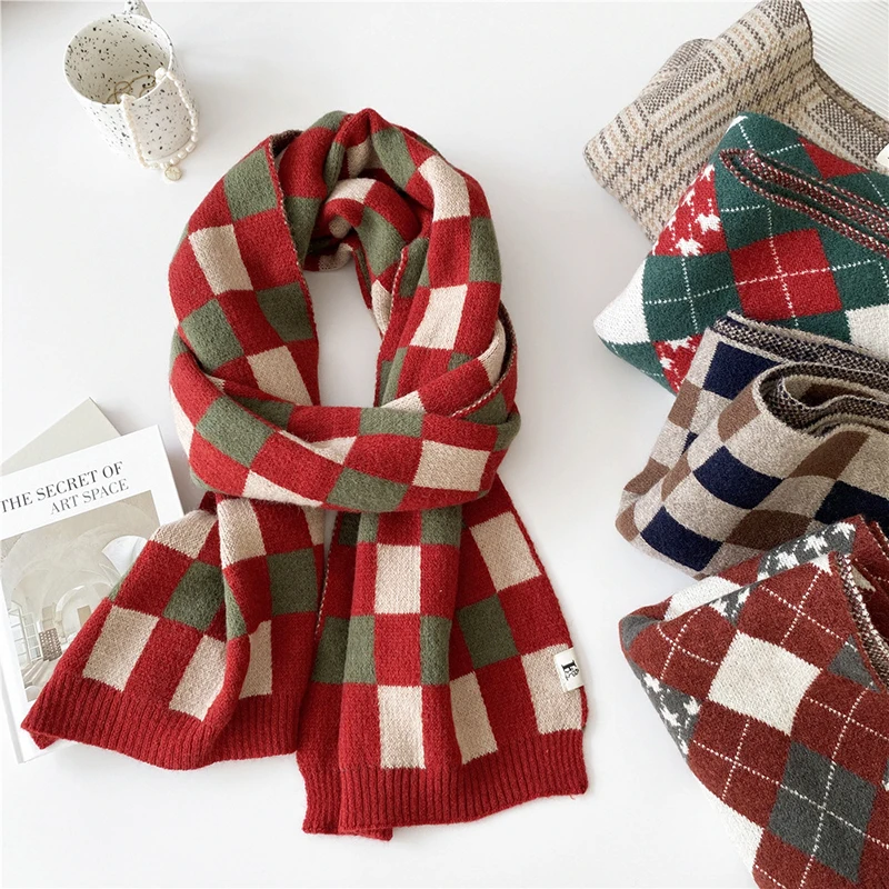 

2023 New Women Rhombus Plaid Scarf Winter Pashmina Shawls Cashmere Thick Wraps Lady Lattice Warm Scarves Neck Warmer Bandana