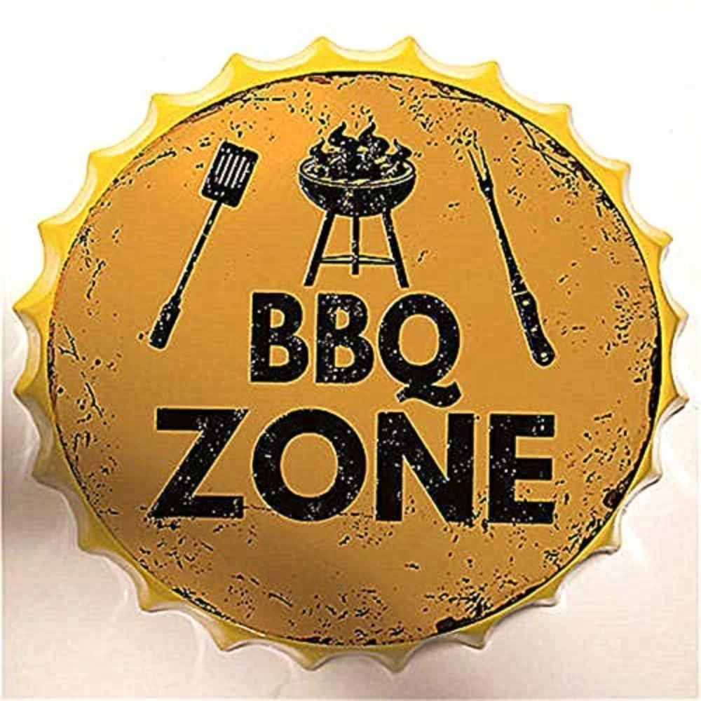 

Retro Sign BBQ Zone Bottle Caps Retro Metal Tin Sign Diameter 13.8 Inches - Home Decor Bar Plaque Lounge Man Cave Garage Decor