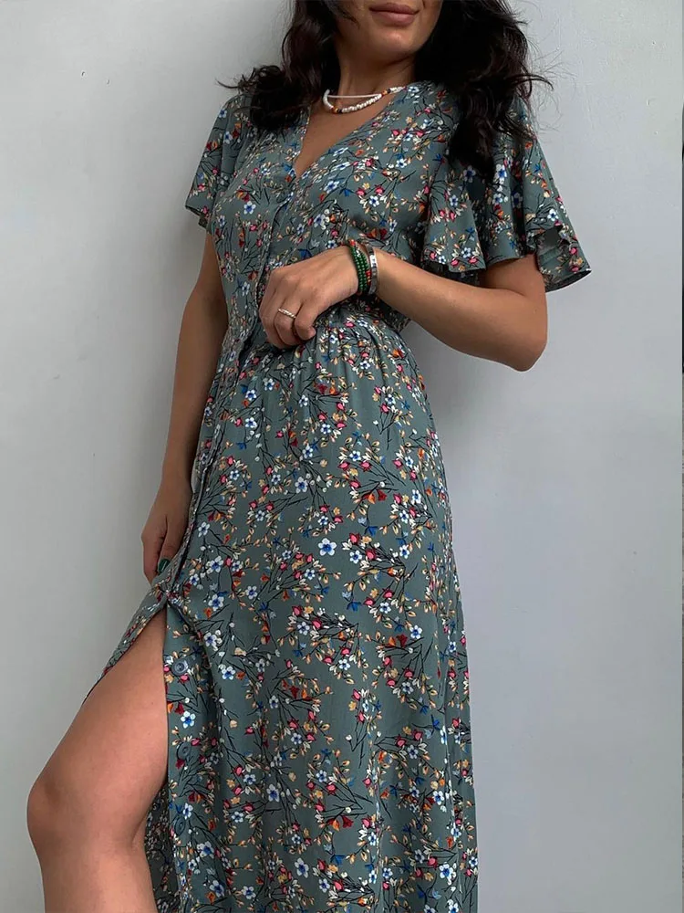 

Fashion Summer V Neck Buttoned Dresses 2022 Elegant Women Flying Sleeve Casual Loose Long Maxi Dress Spring Printed A-Line Dress