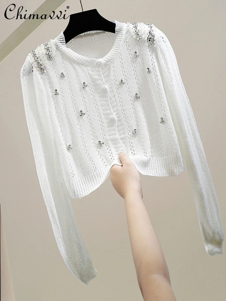 

Heavy Beaded Single-Breasted Thin Long Sleeve Padded Shoulder Knitted Top 2022 Early Autumn New Fashion Design Casual Cardigan