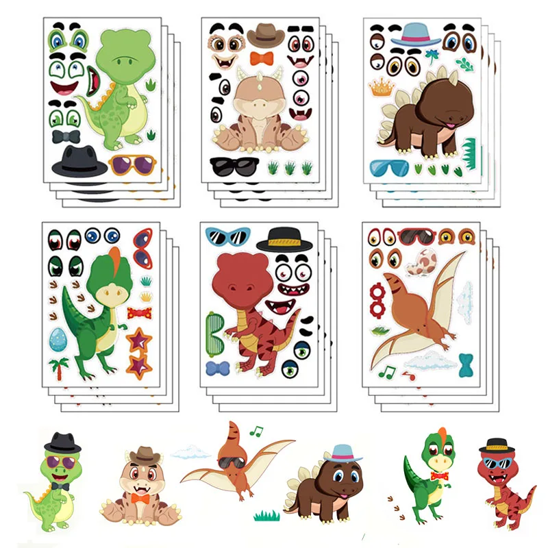 

6-24sheets Dinosaur Stickers For Kids Puzzle DIY Make A Face Dino Sticker Children Scrapbooking Decals Party Favors Reward Gifts
