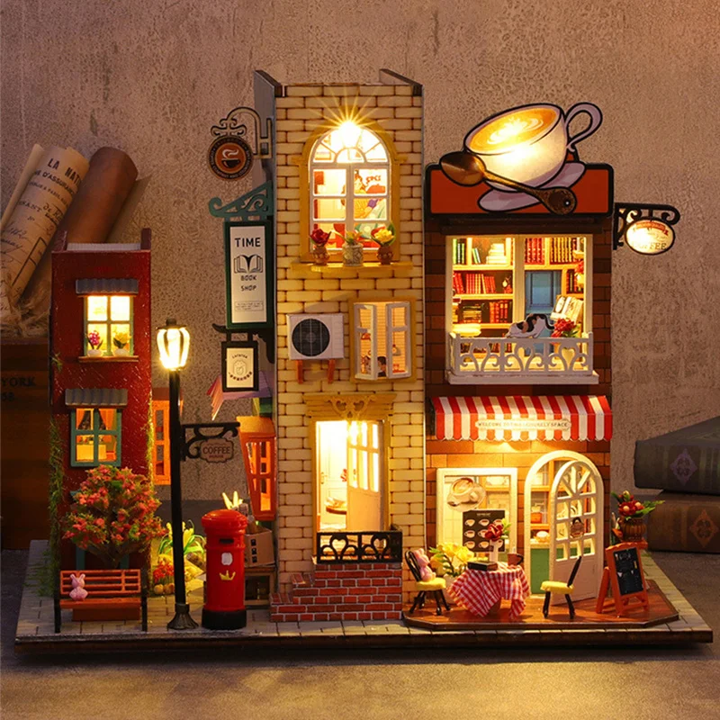 

NEW DIY Book Nook Coffee Villa Doll Wooden Dollhouse Miniature Building Kit With Furniture House Toys For Friends Birthday Gifts