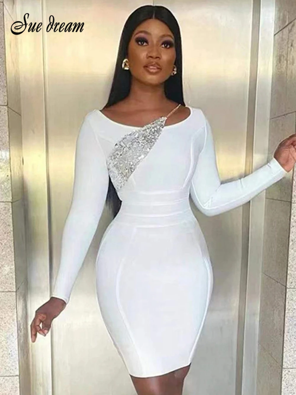 

Elegant Ladies Bandage Dress 2022 New Sexy White O Neck Shiny Bodycon Mini Club Party Dress Vestidos