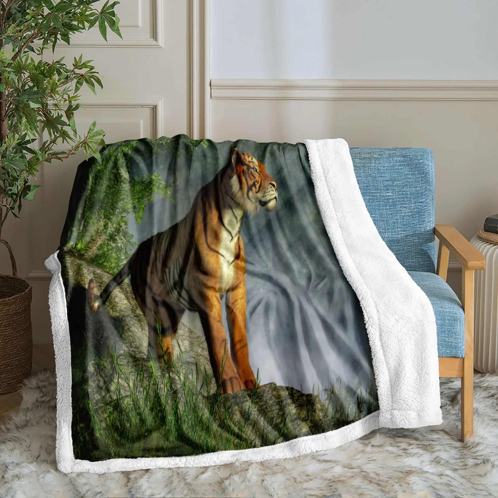 

Tiger Throw Blanket Wild Animal Sherpa Blanket Forest Blanket Soft Afiran Style Blanket for Sofa Office