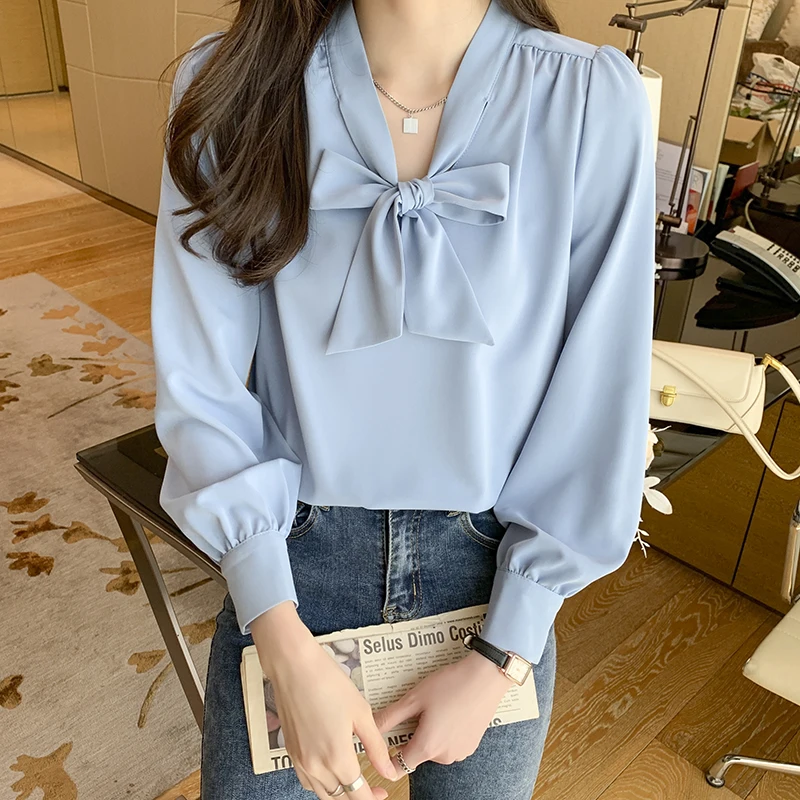

Ribbon Shirt women long sleeve hanging feeling commuting spring autumn versatile fashion foreign style design shirt 701g, 417-4