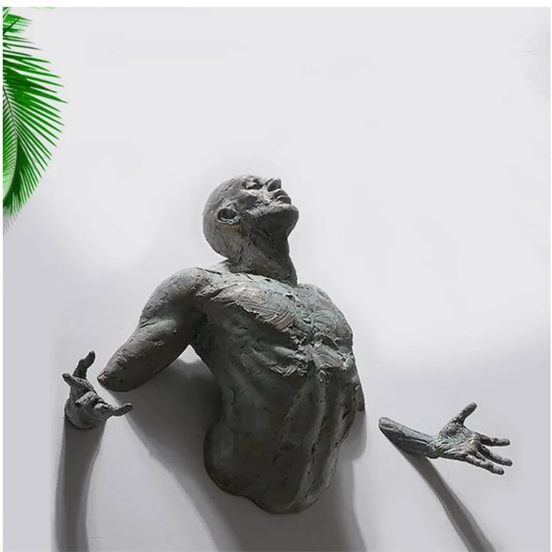

Imitation Copper Wall Decor Abstract Character Resin Climbing Man Statue Figure Art Wall Mounted Sculpture 3D Through Wall