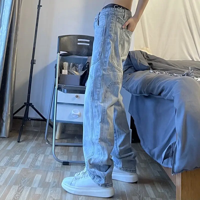 Summer loose straight jeans men show thin trend pants Hong Kong style ins tide brand casual wild personality trousers loose