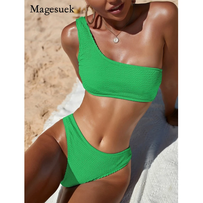 

Сексуальное бикини на одно плечо, текстурированная купальная одежда, женский купальник с высоким вырезом 2022, женские купальные костюмы, одн...