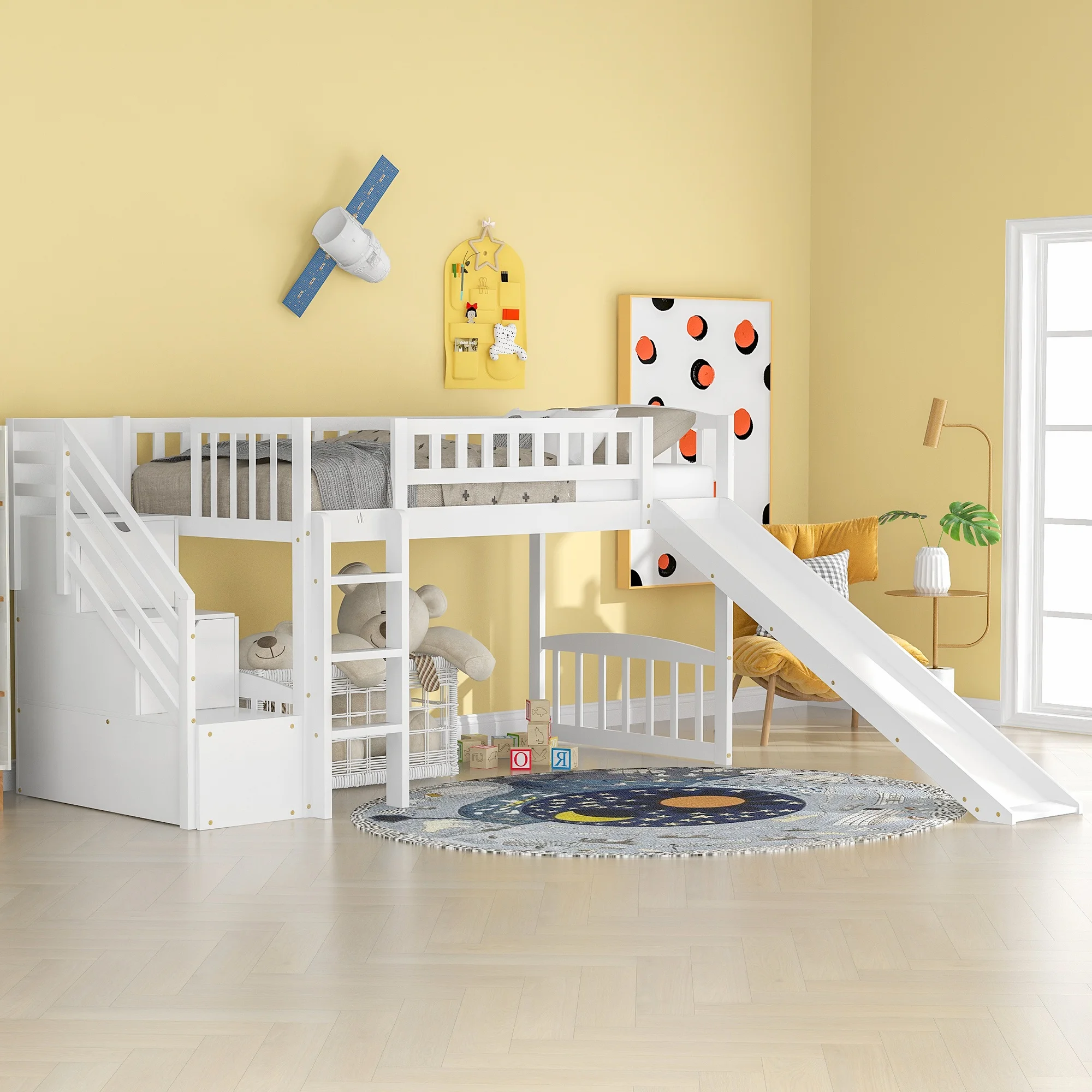 

Home Modern Wooden Furniture Bedroom Furniture Beds Frames Bases Stairway Twin Size Loft Bed With Two Drawers And Slide White
