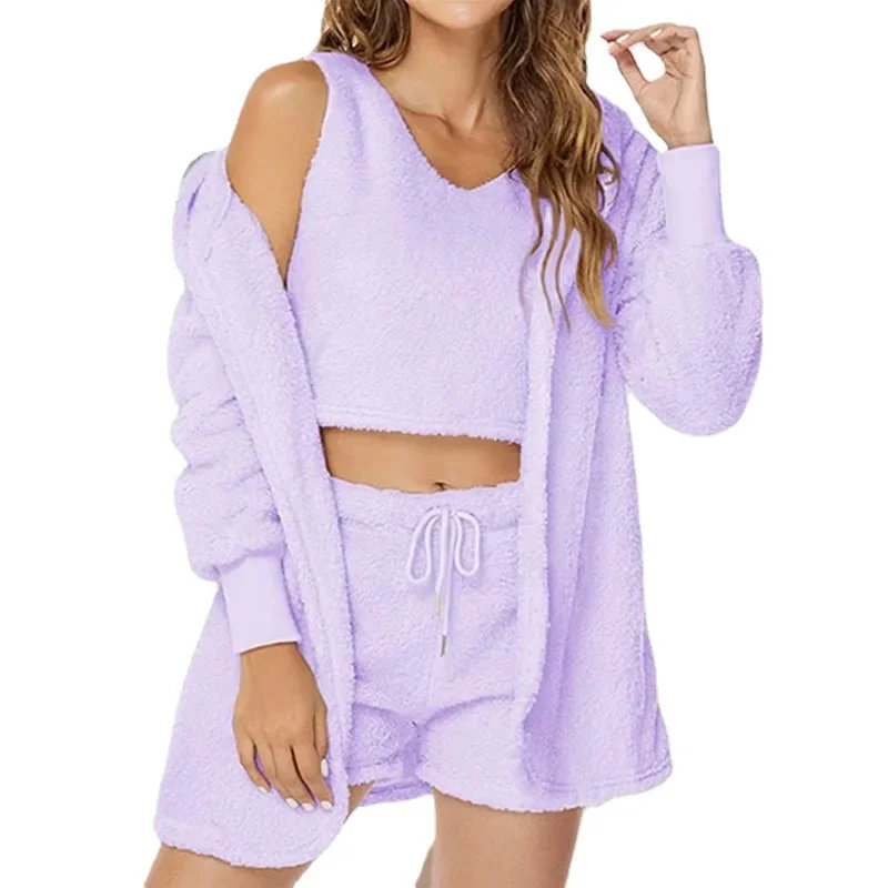 Женские шорты на весну и лето твидовый однотонный комплект с v-образным вырезом