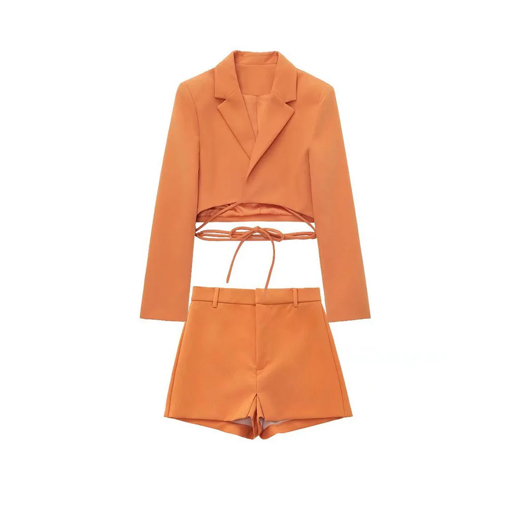 

Women Set 2022 Fashion Bow Bandage Short Blazers Coat Vintage Long Sleeve Jacket Casual Female Tops And High Waist Shorts