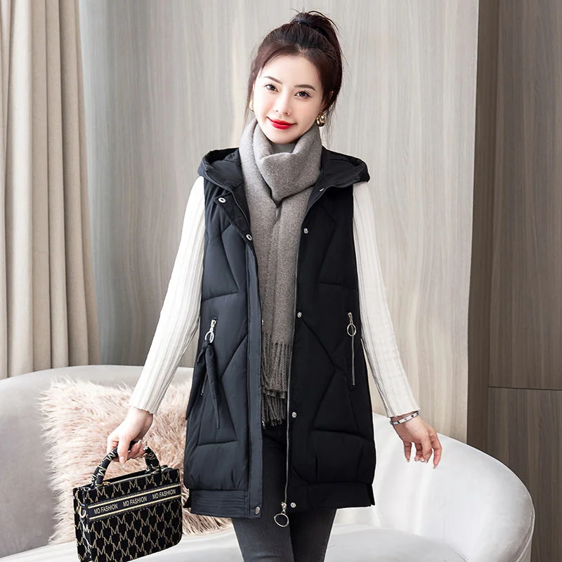

Autumn Winter Women's Vest Casual Long Hooded Waistcoat Zipper Pocket Thicken Warm Sleeveless Jacket Coat Female Chaleco Mujer