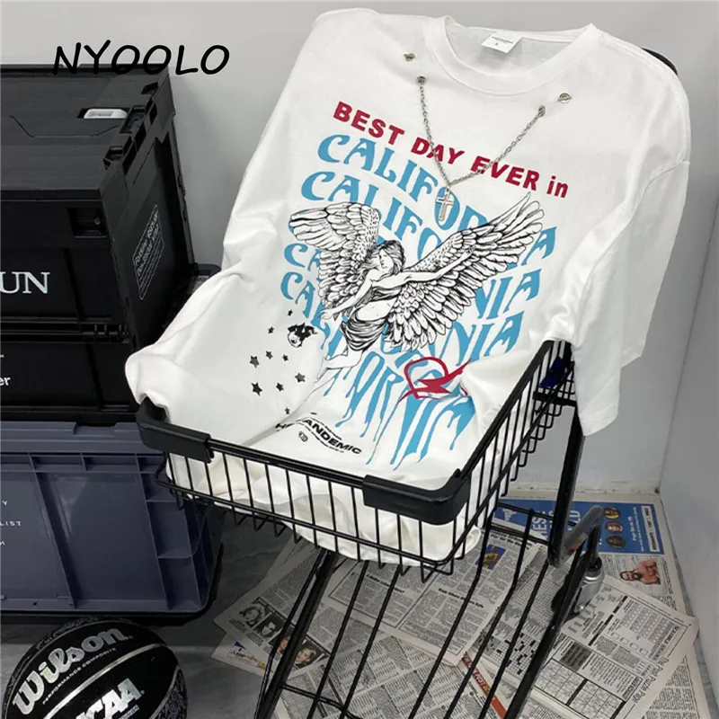 

Футболка NYOOLO в стиле Харадзюку для мужчин и женщин, дизайнерская винтажная оверсайз Футболка с принтом угловых букв и короткими рукавами, т...
