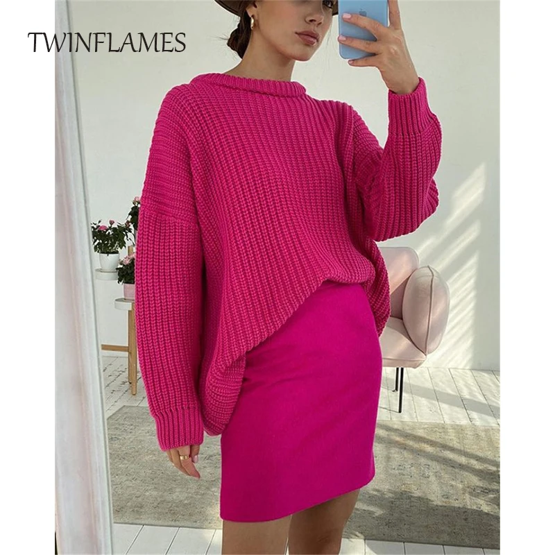 

Женский трикотажный пуловер в стиле Харадзюку, осенне-зимний винтажный свитер свободного покроя с длинным рукавом, Розовый Повседневный пу...