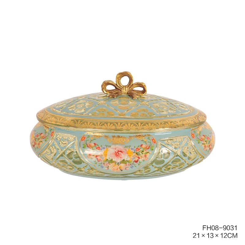 Тарелка с фруктами Kazak Skidki посуда ногами и зеленым узором фарфоровая Роскошная