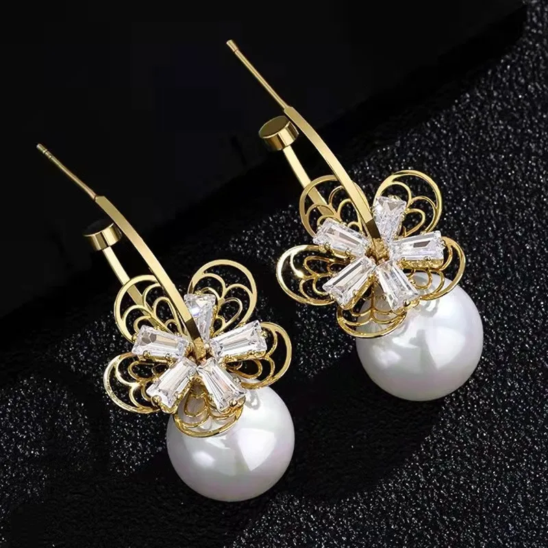 

Fashion Light Luxury Designer Zircon Flower Pearl Earrings for Women's Korean-style Cocktail Wedding Jewelry 2022 New Brincos