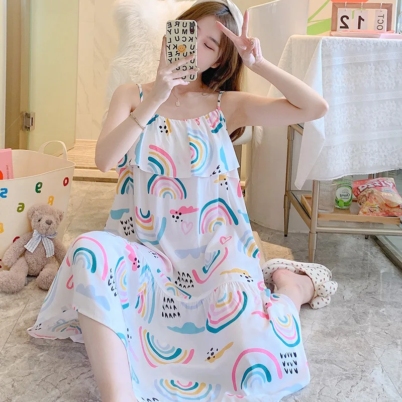 Night Wear Summer Sleepwear Dress Cotton Silk Night Gown For Women Sling Sexy Nightdress