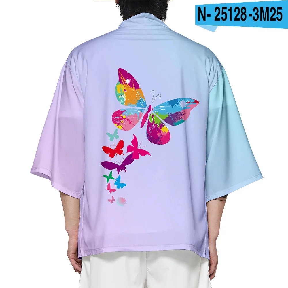 Summer Print Butterfly Men Kimono Sweet Casual Loose Shirts Cardigan Robe Large Size XXS-6XL 3/4 Sleeve Home Bathrobe Jacket